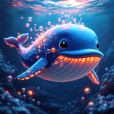 The primary subject of the image is a blue whale with a big smile on its face. The whale is surrounded by a blue ocean, and it appears to be enjoying its time in the water. The visual style of the image is digital art, and the colors and mood are bright and cheerful.
